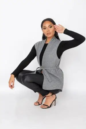 Sleeveless Wool Belted Blazer