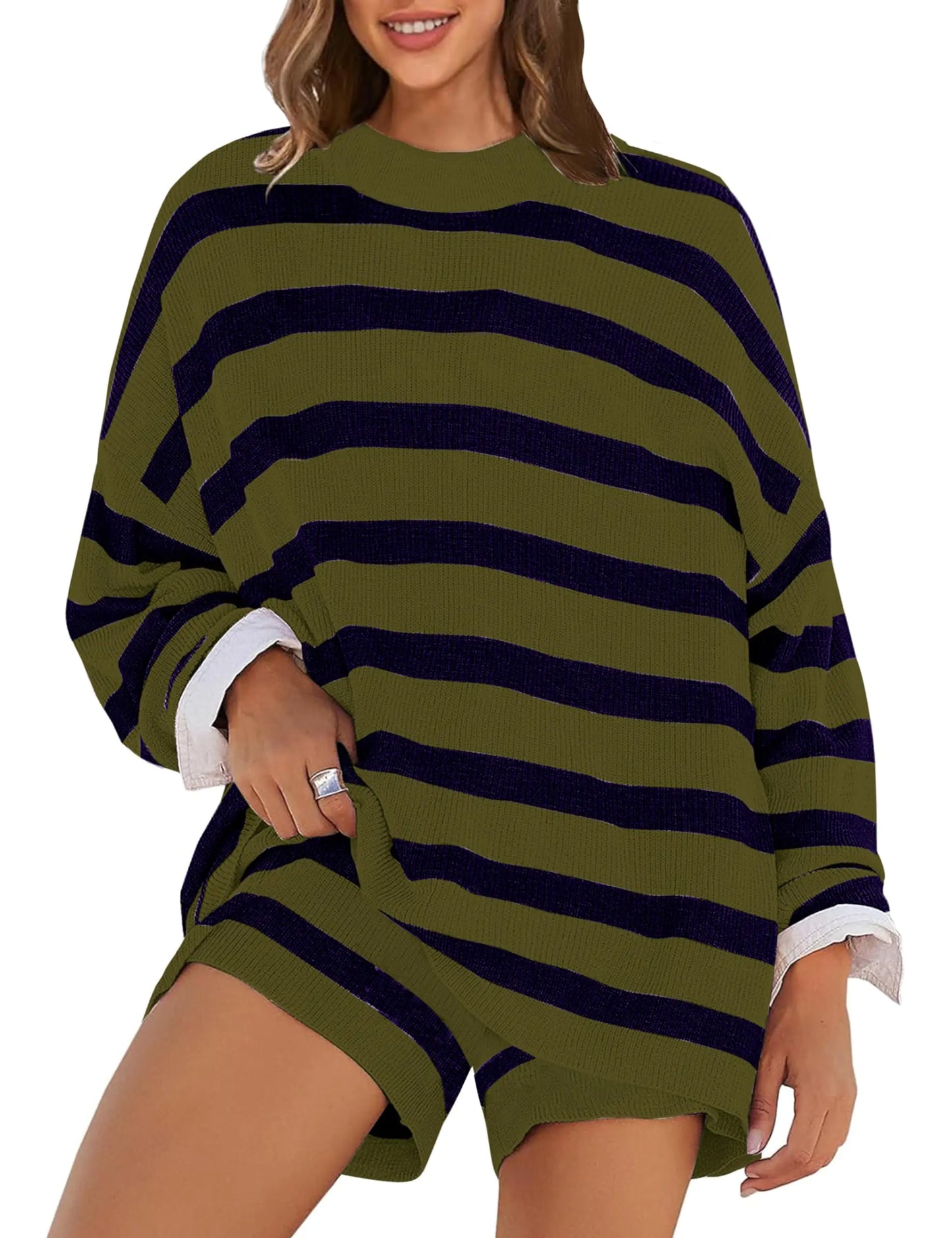 Womens Striped Sweater Set Oversized 2 Piece Lounge Outfit